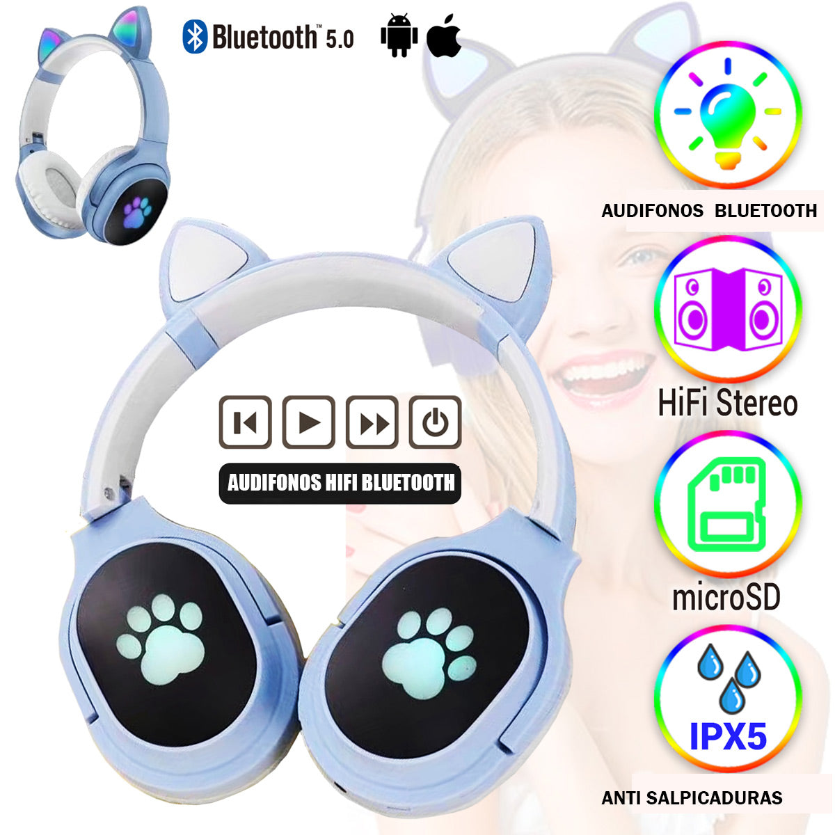 Audifonos Bluetooth 5.0 Niños Hifi Azules